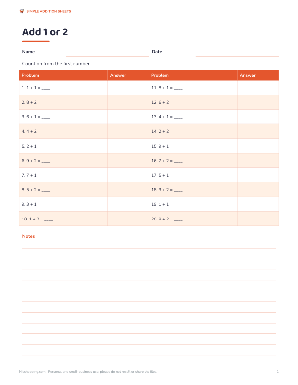 Preview of Printable Adding 1 and 2 Sheets