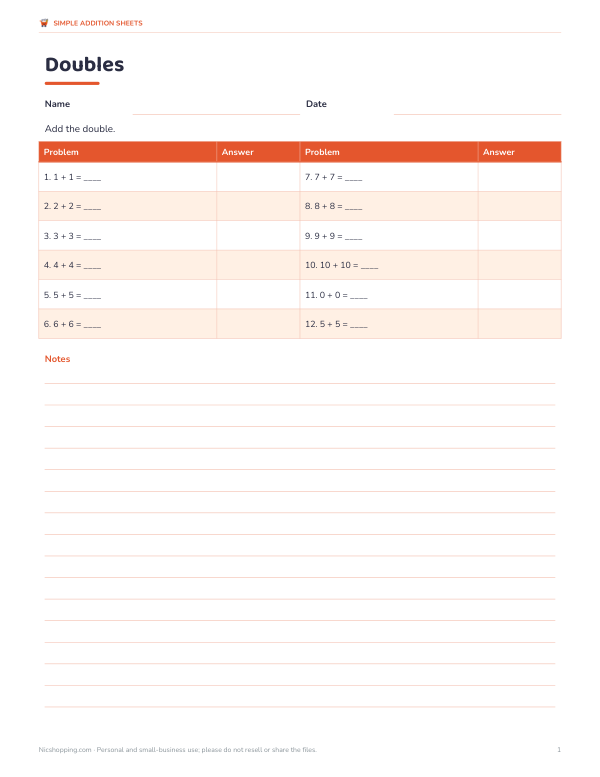 Preview of Printable Doubles Addition Sheets