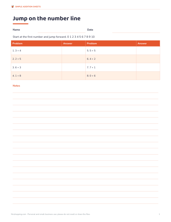 Preview of Printable Number Line Addition Sheets
