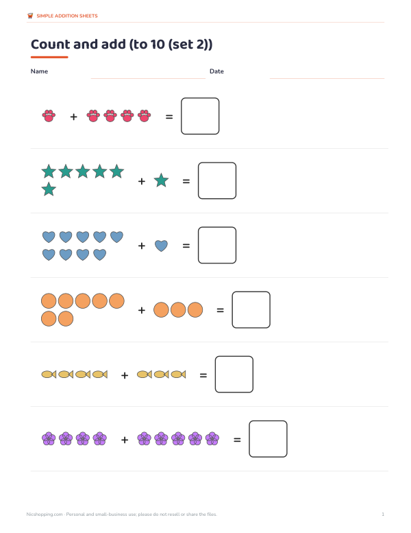 Preview of Picture Addition to 10 Worksheets