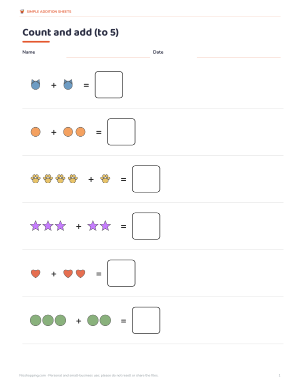 Preview of Printable Picture Addition to 5