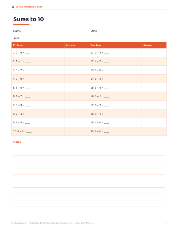 Preview of Printable Sums to 10 Addition Sheets
