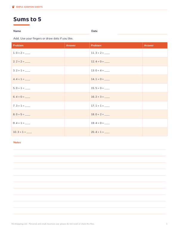 Preview of Printable Sums to 5 Addition Sheet