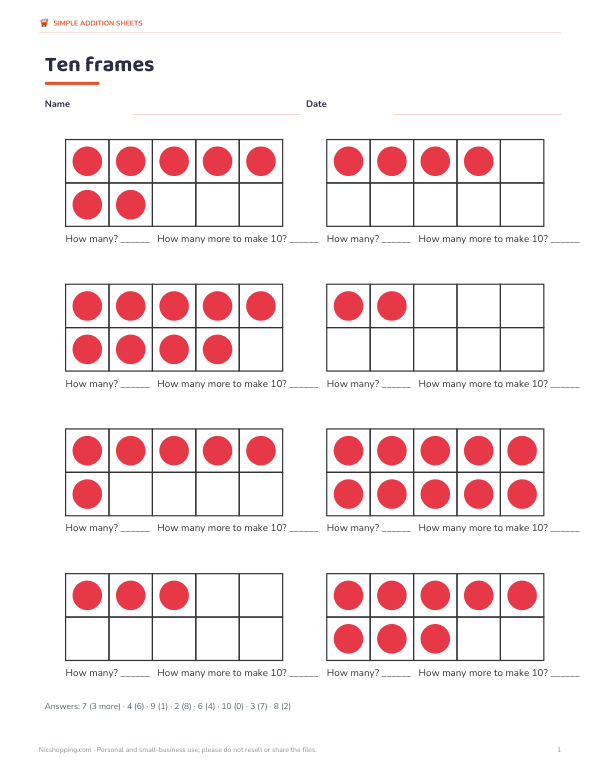Preview of Printable Ten Frames Addition Sheet